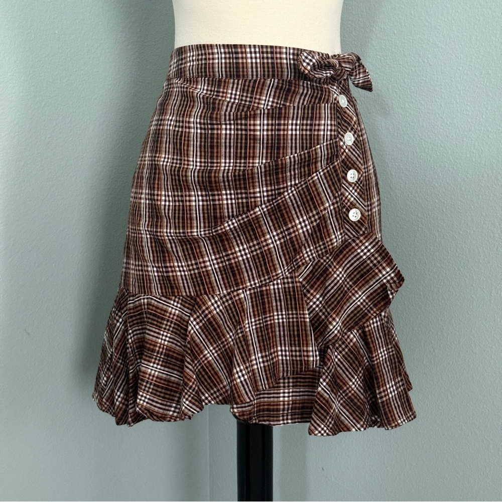Veronica Beard Brown, Navy & White Plaid Ruffled Skirt